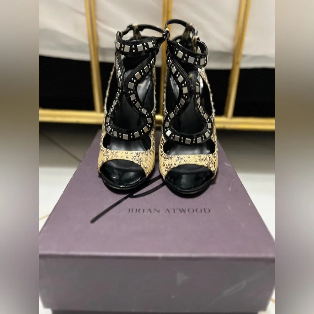 B Brian Atwood Black and Gold Studded Cutout Stiletto Sandals - Picture 3 of 11